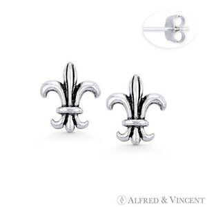 Fleur-De-Lis Flower French Monarchy Charm Stud Earrings in .925 Sterling Silver
